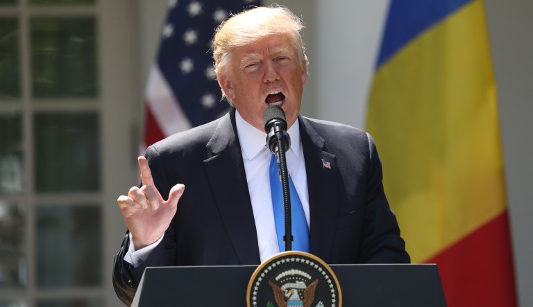 Trump cautioned reporters against expecting too much from his forthcoming announcement about the tapes. (AP Photo/Andrew Harnik)