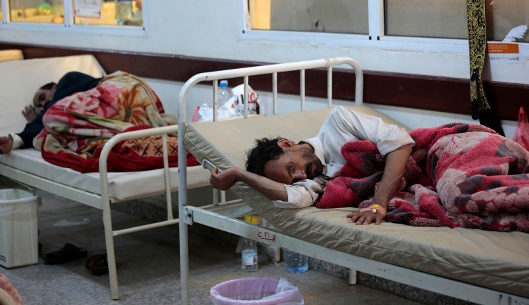 People are treated for suspected cholera infection at a hospital in Sanaa, Yemen, Monday, May. 15, 2017. Saudi Arabia will allow food and medicine in to the country after a blockade of the country for more than two years. (AP Photo/Hani Mohammed)