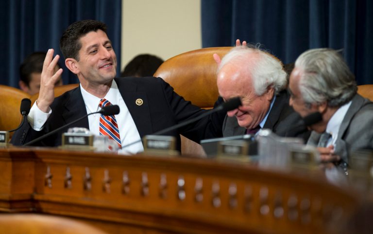 House Committee on Ways and Means Chairman Rep. Paul Ryan, R-Wis., left, smiles as he speaks the committee's ranking member Rep. Sander Levin, D-Mich., center, and Rep. Charles Rangel, D-N.Y. on Capitol Hill in Washington, Wednesday, June 10, 2015. (AP Photo/Manuel Balce Ceneta)