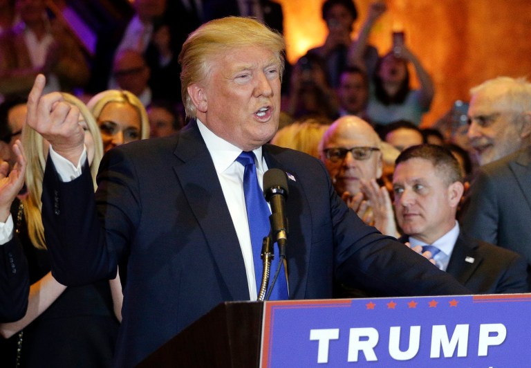 Following GOP presidential front-runner Donald Trump's crushing victory in New York, he now has 843 delegates who are bound to vote for him on the first ballot. (AP Photo/Julie Jacobson)