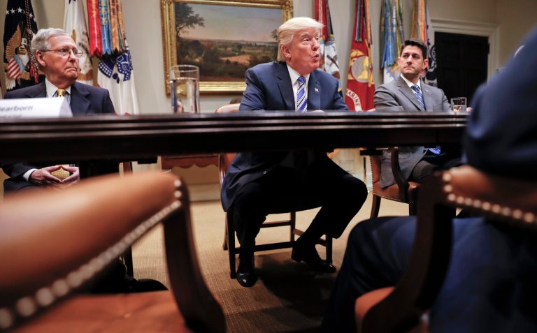 In this June 6, 2017 file photo, President Donald Trump, flanked by Senate Majority Leader Mitch McConnell of Ky., left, and House Speaker Paul Ryan of Wis., speaks in the Roosevelt Room of the White House in Washington. President Donald Trump resumed his taunts of his party's Senate leader, expressing disbelief that McConnell couldn't persuade a Republican majority to pass a health care bill. (AP Photo/Pablo Martinez Monsivais)