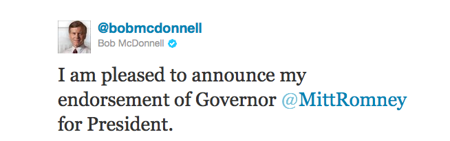 Virginia Gov. Bob McDonnell endorses Romney