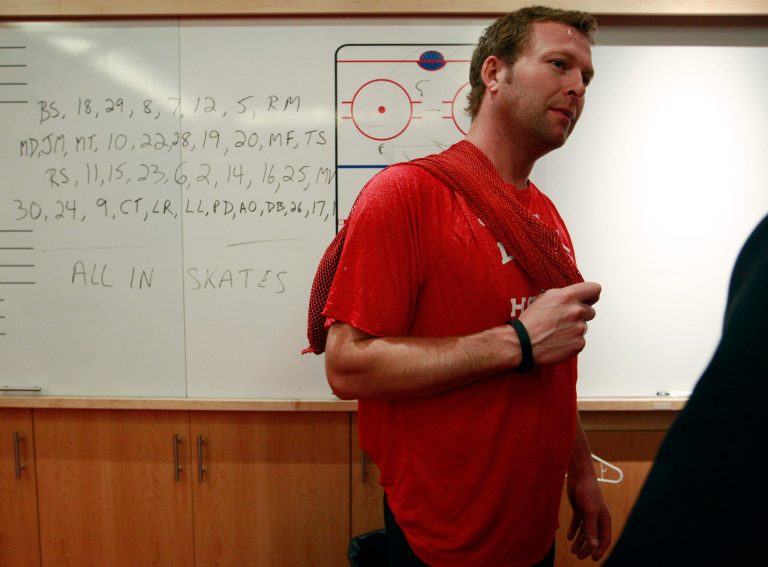   New Jersey Devils goalie Martin Brodeur answers a question as the team packs up for the year in Newark, N.J., Wednesday, June 13, 2012. The Devils lost four game to two to the Los Angeles Kings in the Stanley Cup final NHL hockey series. (AP Photo/Mel Evans)  