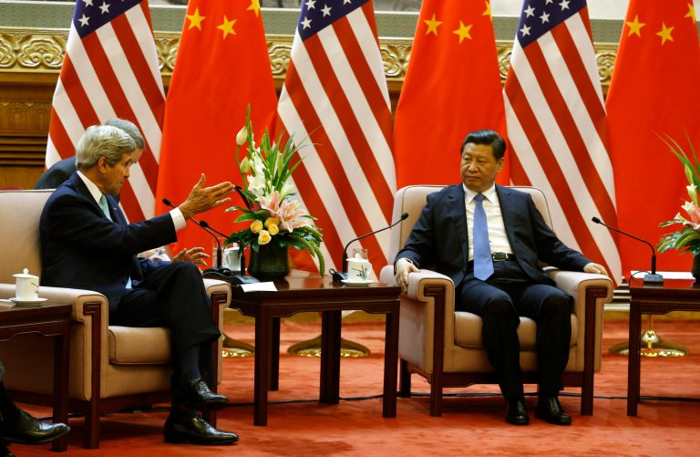 U.S. Secretary of State John Kerry meets with China's President Xi Jinping, right, at the Great Hall of the People in Beijing Thursday, July 10, 2014. (AP Photo/Jim Bourg, Pool)