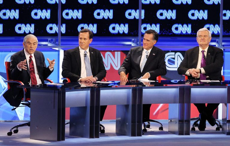 Republican presidential candidates, from left, Ron Paul, Rick Santorum, Mitt Romney and Newt Gingrich participate in a debate in February 2012. (Justin Sullivan/Getty Images)