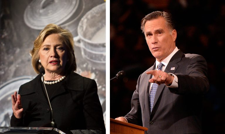 Mitt Romney and Hillary Clinton lead their respective fields in a poll of 2016 primary voters in New Hampshire. (AP Photos)