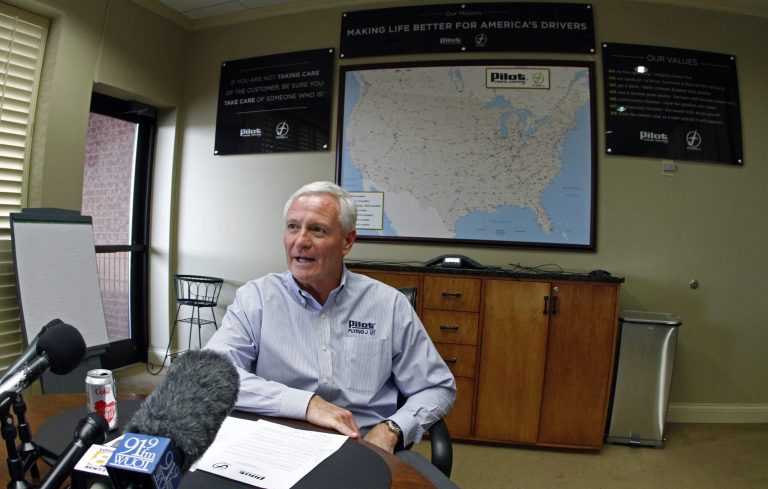 Jimmy Haslam, CEO of Pilot Flying J, speaks during a press conference at the company headquarters Friday, April 19, 2013 in Knoxville, Tenn. A Pilot Flying J employee told investigators that CEO Jimmy Haslam, who is also the owner of the Cleveland Browns, knew about rebate fraud at the truck stop chain his family owns, according to an FBI affidavit unsealed Thursday. (AP Photo/Wade Payne)