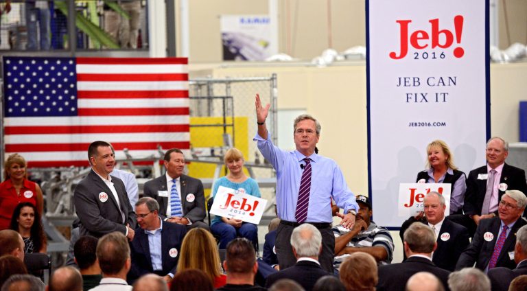 Bush, who began a last-ditch effort Monday to reboot his faltering presidential campaign, is viewed favorably by just a third of U.S. voters, while 51 percent hold a negative view of the establishment candidate.Â (Bob Mack/The Florida Times-Union via AP)