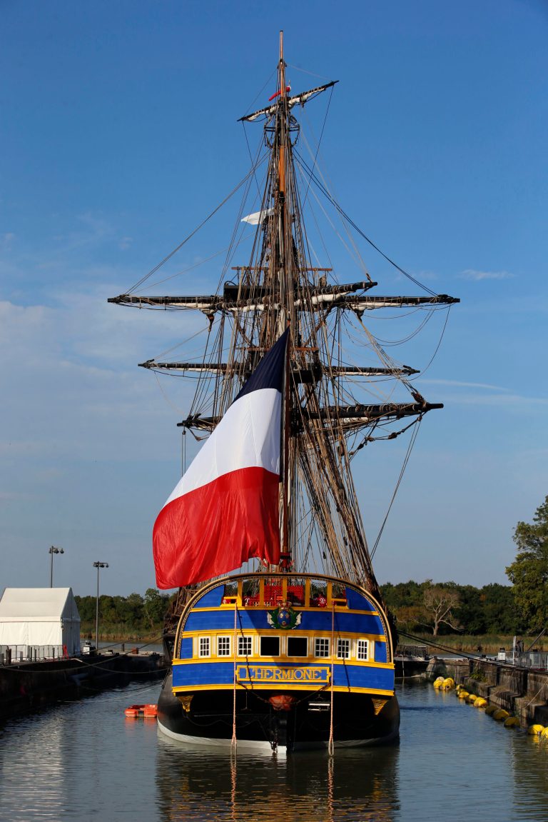 The three masts of the 213 feet long frigate Hermione whose hull is made entirely of oak, is pictured on the eve of its first test in the sea in Rochefort, Western France, Saturday, Sept. 6, 2014. Since 1997, in the old dockyard, a passionate team rebuilt the frigate Hermione, which, in 1780, allowed La Fayette to cross the Atlantic to America and join the American rebels in their struggle for independence. The Hermione Lafayette Trip project is aimed to cross the Atlantic in 2015.(AP Photo/Francois Mori)