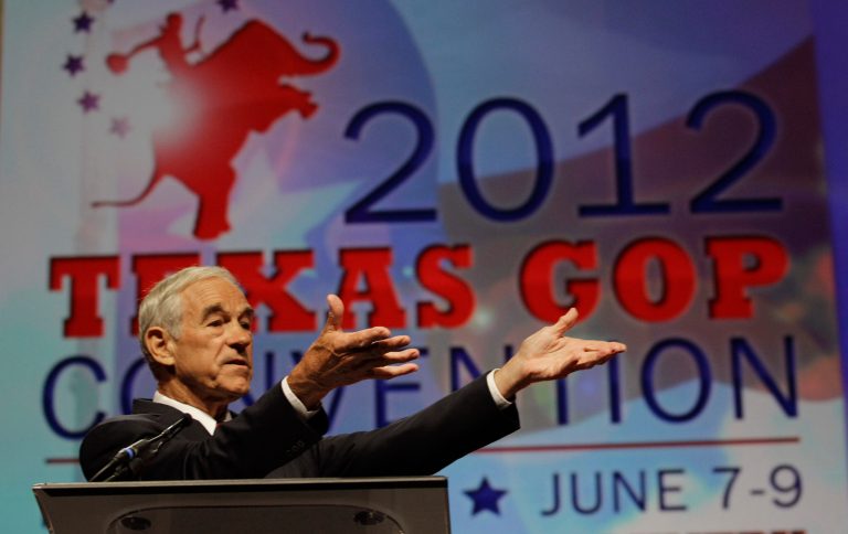 Then-Rep. Ron Paul, R-Texas, speaks during a session of the Texas Republican Convention in Fort Worth, Texas, in June 2012. (AP Photo/LM Otero)