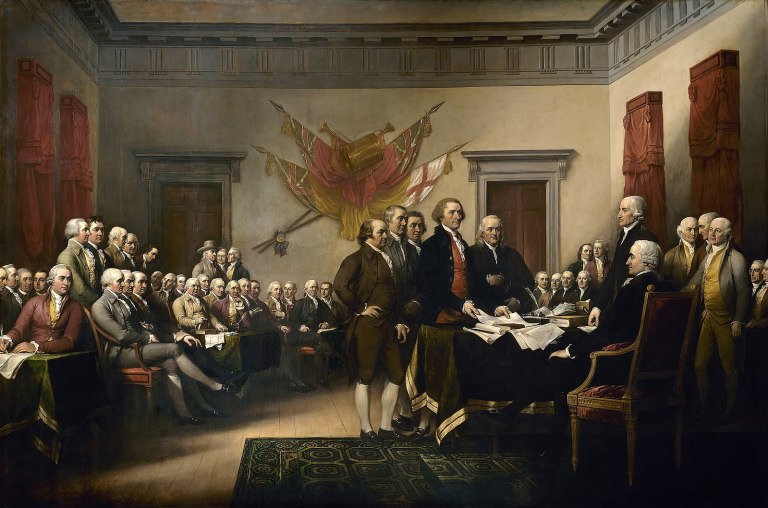 Artist John Trumbull's 1818 painting of the presentation of the first draft of the Declaration of Independence to the Second Continental Congress. 