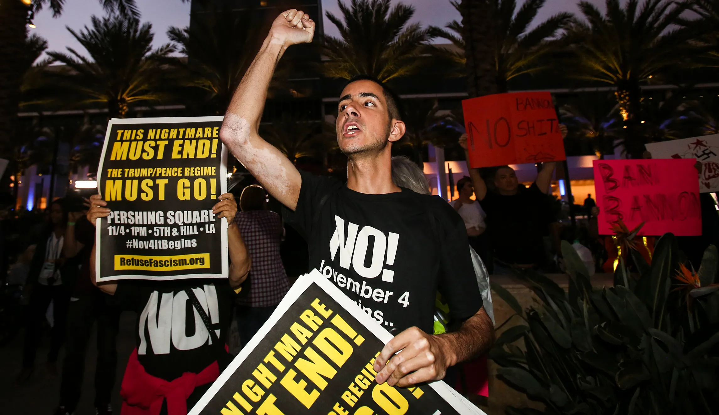 Protesters gather outside prior to Steve Bannon’s speech at California GOP convention