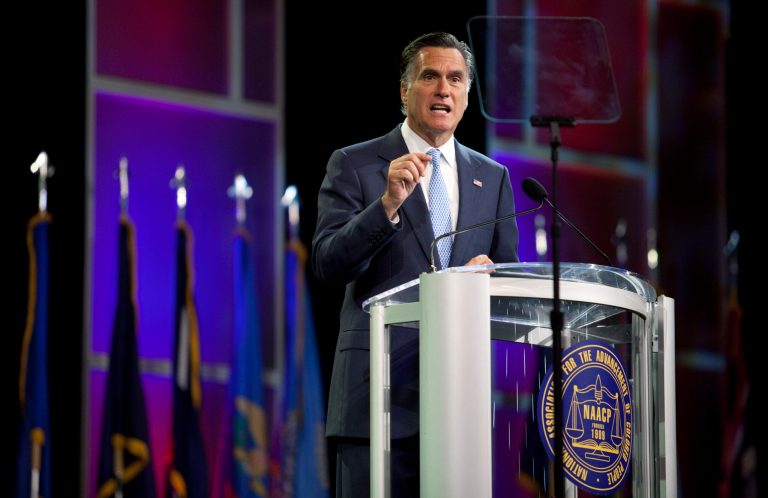 HOUSTON, TX -  JULY 11:  Republican presidential candidate and former Massachusetts Gov. Mitt Romney addresses the NAACP National Convention at the Geoerge R. Brown Covention Center at the Geoerge R. Brown Covention Center July 11, 2012 in Houston, Texas. Romney spoke about jobs and reducing government spending, including the Affordable Heathcare Act, during the address.  (Photo by Eric Kayne/Getty Images)