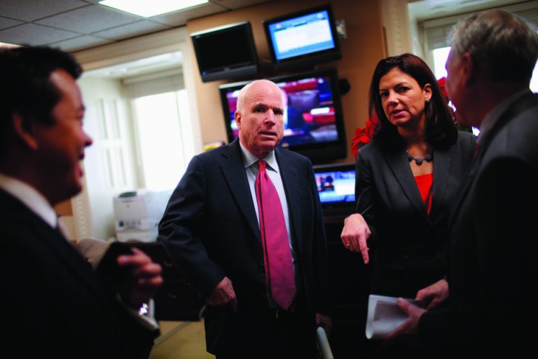 New Hampshire Sen. Kelly Ayotte is leading a fight with Sen. John McCain and Sen. Jon Kyl to get Congress to OK a short- or long-term deal to avoid across-the-board cuts January 2. (Photo by Chip Somodevilla/Getty Images)
