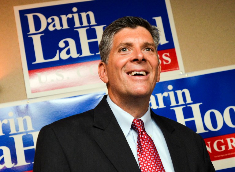State Sen. Darin LaHood smiles after he won the GOP nod in the primary to replace former U.S. Rep. Aaron Schock on Tuesday, July 7, 2105, in Peoria, Ill. LaHood heads into the Sept. 10 special general election. (Ron Johnson/Journal Star via AP)