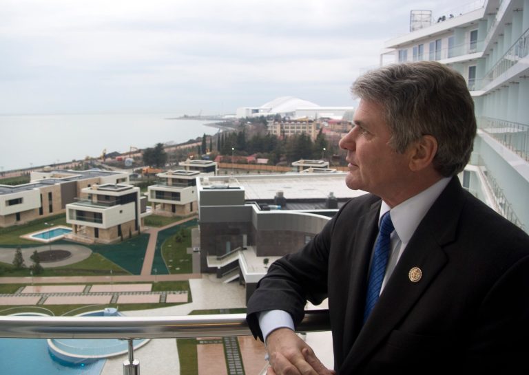 U.S. Congressman, Rep. Michael McCaul, Chairman of the House Homeland Security Committee,  stands of a balcony of his hotel which overlooks the Olympic Park, in the Black Sea resort of Sochi, Tuesday, Jan. 21, 2014. Michael McCaul who was in Sochi on Tuesday to assess the situation said he was impressed by the work of Russian security forces but troubled that potential suicide bombers had gotten into the city despite all of the extraordinary security measures. (AP Photo/Nataliya Vasilyeva)