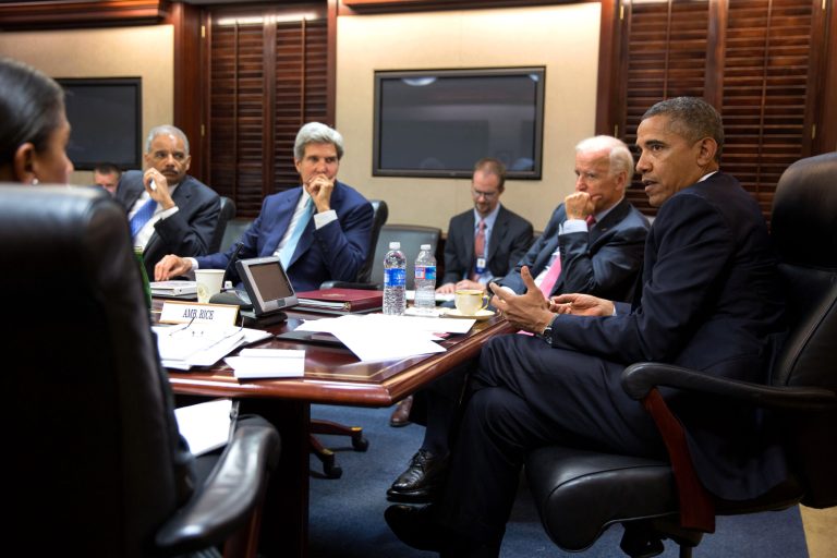 In this image provided by The White House, President Barack Obama meets with his national security staff to discuss the situation in Syria, in the Situation Room of the White House, Friday, Aug. 30, 2013, in Washington, including from left national security adviser Susan Rice; Attorney General Eric Holder, Secretary of State John Kerry, and Vice President Joe Biden. (AP Photo/The White House, Pete Souza)