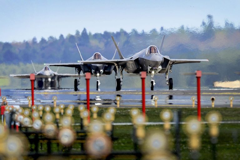 F-35A Lightning II joint strike fighters land at Royal Air Force Lakenheath, England, April 15, 2017.