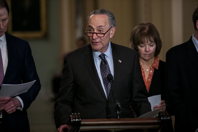 Senate Minority Leader Chuck Schumer, D-NY, speaks at a press conference on Capitol Hill.