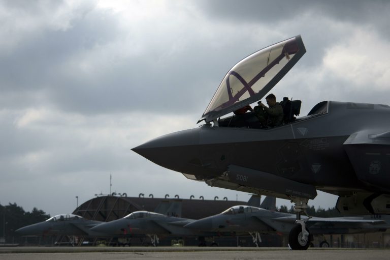 An Air Force F-35A Lightning II pilot from the 34th Fighter Squadron completes preflight checks before departing Royal Air Force Lakenheath, England, May 7, 2017.