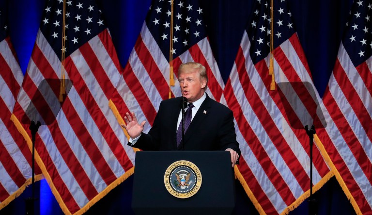 President Trump lays out a national security strategy that envisions nations in perpetual competition, reverses Obama-era warnings on climate change, and de-emphasizes multinational agreements. (AP Photo/Manuel Balce Ceneta)