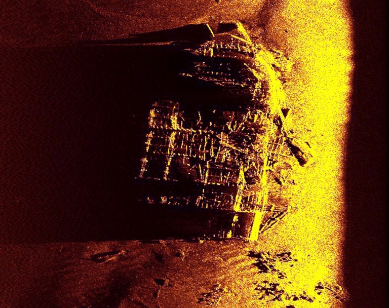 This 2014 sonar image released by Hydroid, Inc., of Bourne, Mass., shows wreckage of the bow of an American ship that sank to the ocean floor off the coast of England during World War II, according to the company that surveyed the wreckage to mark the disaster's 70th anniversary. The torpedo attack by German forces on U.S. landing ships, rehearsing during Exercise Tiger for the D-Day invasion of France's Normandy coast, claimed the lives of 749 U.S. soldiers and sailors on April 28, 1944.  (AP Photo/Hydroid, Inc.)