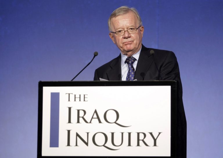 FILE - In this file photo dated Thursday, July 30, 2009, John Chilcot, the chairman of the Iraq Inquiry as the inquiry gets underway in London, looking at background details and the decision making process during the run-up to the Iraq War. The Iraq Inquiry announced Thursday May 29, 2014, that its report has been delayed for several years by negotiations over the inclusion of classified material including details of exchanges between Britain's then-Prime Minister Tony Blair and U.S. President George W. Bush, before the invasion of Iraq, but the full versions of the conversations will remain secret. Although today's announcement made clear that the British inquiry into decisions and mistakes in the planning and execution of the war will be made public, it is still unclear when Chilcot's report will be released. (AP Photo/Matt Dunham, FILE)