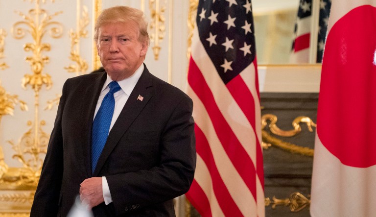 President Donald Trump arrive for a bilateral meeting with Japanese Prime Minister Shinzo Abe at the Akasaka Palace, Monday, Nov. 6, 2017, in Tokyo. Trump is on a five country trip through Asia traveling to Japan, South Korea, China, Vietnam and the Philippines. (AP Photo/Andrew Harnik)