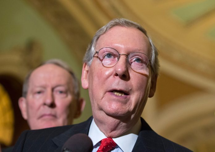 Senate Majority Leader Mitch McConnell of Kentucky, right, and Sen. Lamar Alexander of Tennessee, the chairman of the Senate's labor committee, said their bill would prevent the board's general counsel from operating as an "activist" and prevent the board from making "politically motivated decisions and controversial regulations."Â (AP/J. Scott Applewhite)