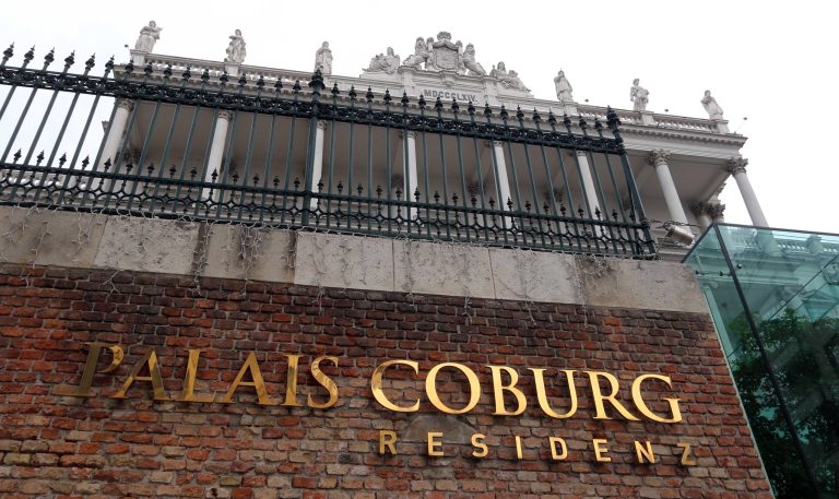 The entrance of Hotel Palais Coburg, where closed-door nuclear talks take place, is photographed  in Vienna, Austria, Wednesday, Feb. 19, 2014. Iran and six world powers are back at the negotiating table eager to come to terms on a comprehensive nuclear deal but deeply divided on what it should look like. The two sides began meeting Tuesday in attempts to build on a first-step accord that temporarily curbs Tehran's nuclear activities in exchange for some sanctions relief. (AP Photo/Ronald Zak)
