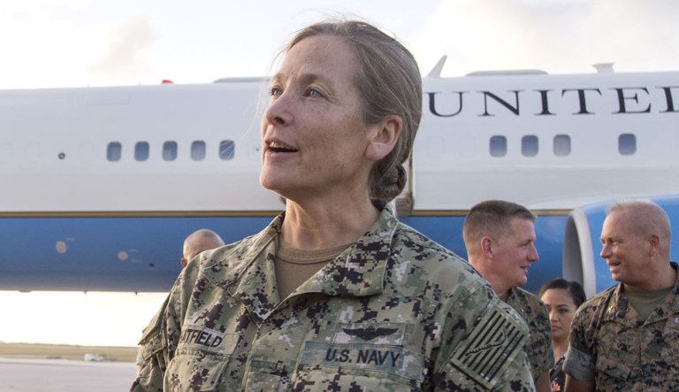 Navy Rear Adm. Shoshana Chatfield, commander of Joint Region Marianas, during a short refuel stop at Andersen Air Force Base, Guam, Feb. 8, 2018. 