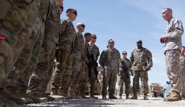 Gen. Joe Dunford, chairman of the Joint Chiefs of Staff, speaks to soldiers while visiting Task Force - Southwest at Camp Sharob, Helmand Province, in Afghanistan.