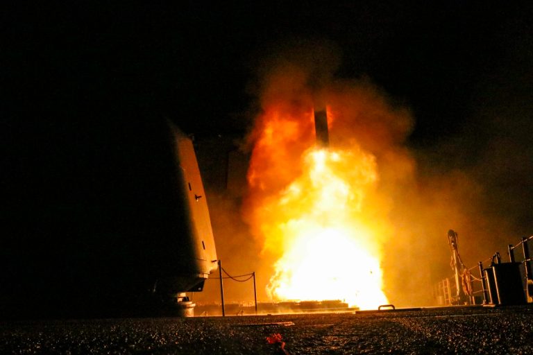 The guided missile cruiser USS Monterey fires a Tomahawk missile in the U.S. 5th Fleet area of operations on April 14.