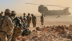U.S. Soldiers assigned to Bandit Troop, 1st Squadron, 3rd Cavalry Regiment and deployed in support of Combined Joint Task Force â Operation Inherent Resolve await aerial extraction via CH-47 Chinook during an aerial response force live-fire training exercise in Iraq, Oct. 31, 2018. A number of training initiatives, collectively known as the Iraqi Air Enterprise, is underway across the Iraqi Air Force, Army Aviation, and Air Defense Commands. Continued growth towards Iraqi Security Forces (ISF) self-sufficiency will permit the Coalition to adjust the role and number of Coalition forces in Iraq in response to changing support requirements of the ISF.