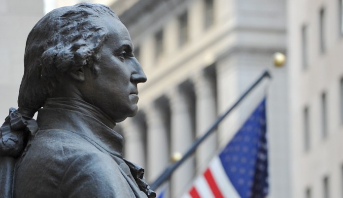 Public statue from 1882 of George Washington in front of Federal Hall, on the site where he was inaugurated as the first U.S. president in New York City.