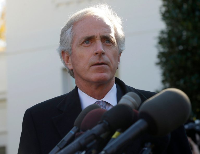 Sen. Bob Corker, R-Tenn., ranking Republican on the Senate Foreign Relations Committee, speaks to members of the media outside the West Wing of the White House in Washington, Tuesday, Nov. 19, 2013, following a meeting with President Barack Obama. The President met with chairmen, ranking members, as well as other members of the Senate Banking Committee, Senate Foreign Relations Committee, Senate Armed Services Committees, and Senate Select Committee on Intelligence regarding Iran. (AP Photo/Pablo Martinez Monsivais)