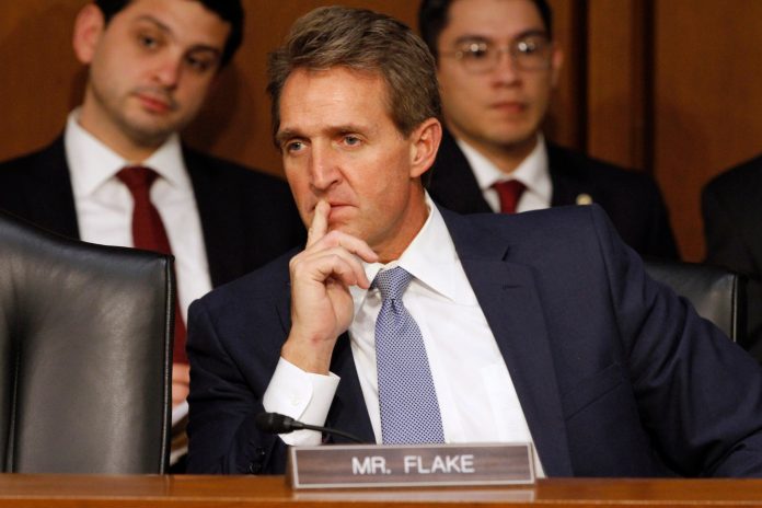 "We've certainly had a hard time, here, agreeing on much," said Sen. Jeff Flake, R-Ariz., a prominent Trump critic on the Right. "That's reflected in the dearth of legislation passing." (AP Photo/Jacquelyn Martin)