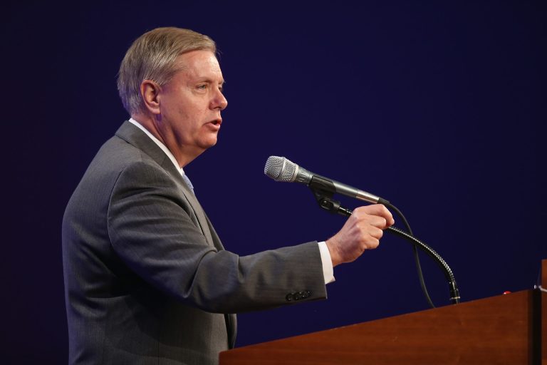 Sen. Lindsey Graham, R-S.C., speaks to guests gathered for the Republican Party of Iowa's Lincoln Dinner at the Iowa Events Center on May 16, 2015 in Des Moines. (Photo by Scott Olson/Getty Images)