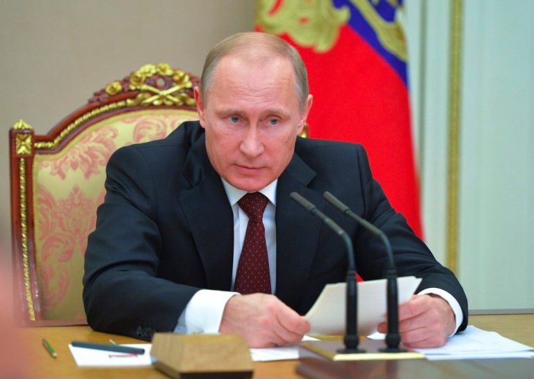 Russian President Vladimir Putin speaks at a Security Council meeting in the Kremlin in Moscow, Russia, Thursday, Nov. 20, 2014. (AP Photo/RIA-Novosti, Alexei Druzhinin, Presidential Press Service)