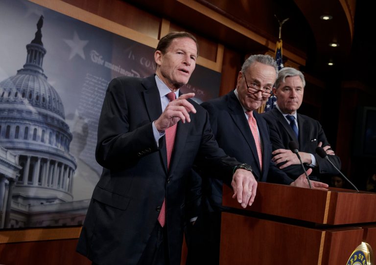 Sen. Richard Blumenthal, D-Conn., left, welcomed the State Department's removal of a blog post featuring President Trump's Mar-A-Lago resort but argues there is still much to be done to address the president's potential conflicts of interest. (AP Photo/J. Scott Applewhite)