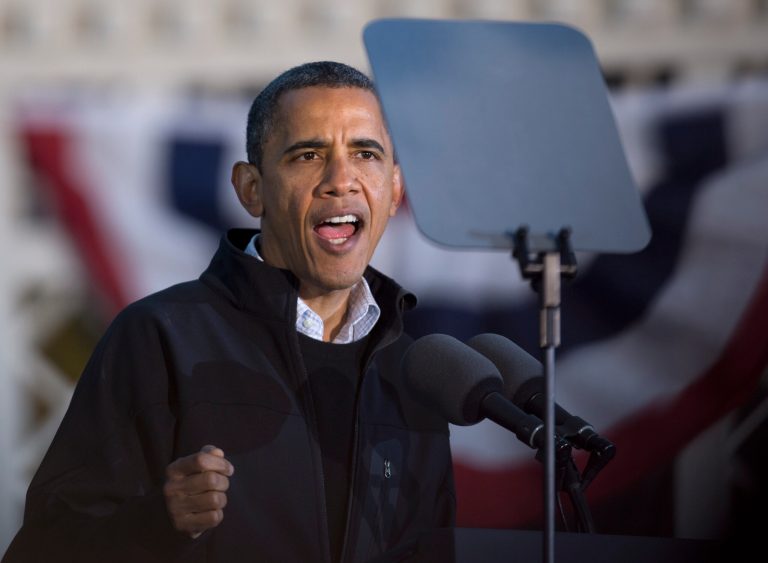 President Barack Obama looks to his teleprompter as he speaks Nov. 3, 2012, in Dubuque, Iowa, before traveling traveling back to Washington. (AP file photo/Carolyn Kaster)