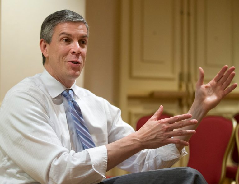   FILE - In this Jan. 17, 2013 file photo, Education Secretary Arne Duncan gestures as speaks to the Associated Press during an interview in Washington. States can request permission to ignore parts of the No Child Left Behind education law through the spring of 2016, the Education Department said Thursday. The long-term offer underscores the intensive work states have already undertaken on school reforms in exchange for flexibility from Washington, as well as a dour outlook that Congress will take action to update No Child Left Behindâs outdated goals. The law expired in 2007 and included goals now seen as overly ambitious. (AP Photo/Manuel Balce Ceneta, File)  