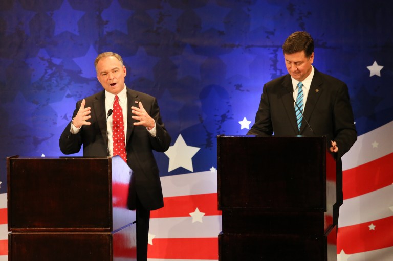 Democratic candidate Tim Kaine and Republican candidate George Allen face off in a debate for the Virginia U.S. Senate seat on Sept. 20, 2012. (Graeme Jennings/Examiner)