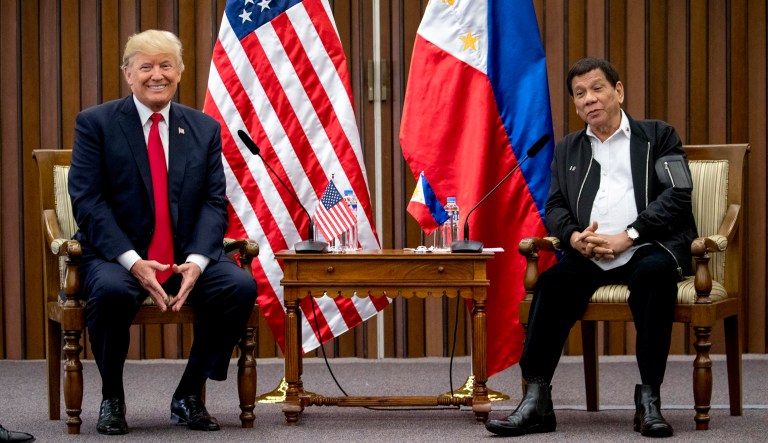 Philippines President Rodrigo Duterte, on President Trump's request, sang a duet at a gala for the Association of Southeast Asian Nations. (AP Photo/Andrew Harnik)