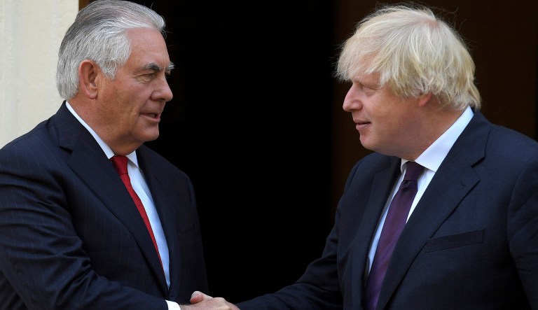 Tillerson's remarks, in a joint press conference with UK Foreign Minister Boris Johnson, came as the U.K. deals with the aftermath of the suicide bombing in Manchester. (Toby Melville/Pool Photo via AP)