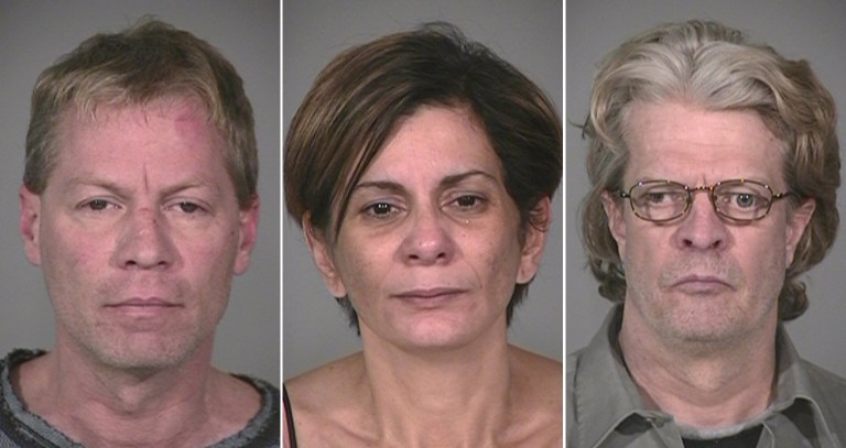   This combo made from photos provided by the Indianapolis Metropolitan Police Department shows from left, Mark Leonard, his girlfriend Monserrate Shirley, and his brother, Bob Leonard, all of Indianapolis, who were arrested Friday, Dec. 21, 2012 and charged with murder, arson and other counts in a Nov. 10 gas explosion that killed two people. Authorities say the explosion in the Richmond hill subdivision in Indianapolis was deliberately set up so the three could collect a big insurance payout. (AP Photo/Indianapolis Metropolitan Police Department)  