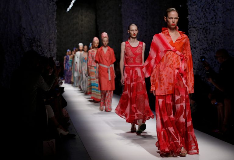 Models wear creations for Missoni women's spring-summer 2015 collection, part of the Milan Fashion Week, unveiled in Milan, Italy, Friday, Sept. 19, 2014. (AP Photo/Luca Bruno)