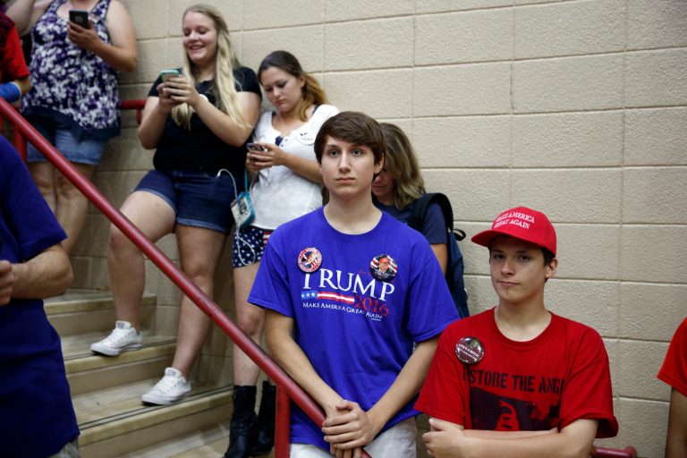 Supporters of Republican presidential candidate Donald Trump wait for his arrival to a campaign rally at Cumberland Valley High School, Monday, Aug. 1, 2016, in Mechanicsburg, Pa. (AP Photo/Evan Vucci)