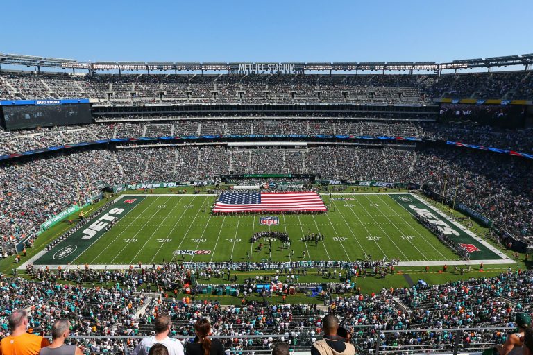 MetLife Stadium during the National Anthem prior to the game between the New York Jets and the Miami Dolphins on September 24, 2017.