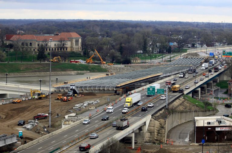 FILE - This April 14, 2014 file photo shows a section of the I-75 Phase II modernization project under way in Dayton, Ohio. The Senate is set to take up legislation to keep federal highway money flowing to states, with just three days left before the government plans to start slowing down payments. The House passed a $10.8 billion bill last week that would pay for highway and transit aid through the end of May 2015 if transportation spending is maintained at current levels. Under a schedule outlined by Senate Majority Leader Harry Reid of Nev., the Senate would take up that bill Tuesday.  (AP Photo/Skip Peterson, File)
